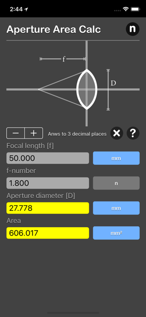 Aperture Area Calculator iOS App for iPhone and iPad