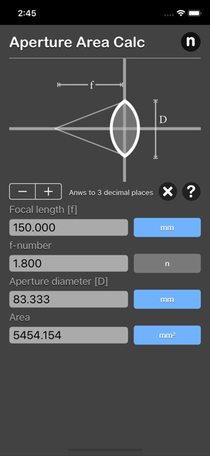 Aperture Area Calculator iOS App for iPhone and iPad