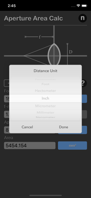 Aperture Area Calculator iOS App for iPhone and iPad