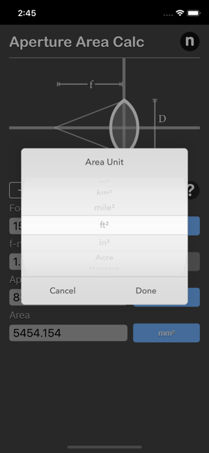 Aperture Area Calculator iOS App for iPhone and iPad