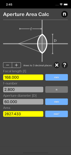 Aperture Area Calculator iOS App for iPhone and iPad