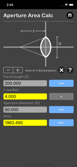 Aperture Area Calculator iOS App for iPhone and iPad