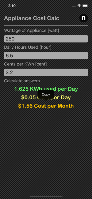 Appliance Cost Calculator iOS App for iPhone and iPad