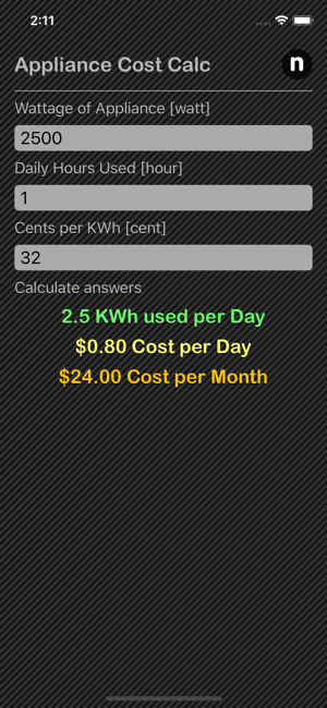 Appliance Cost Calculator iOS App for iPhone and iPad