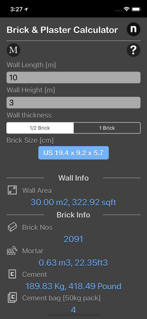 Brick and Plaster Calculator iOS App for iPhone and iPad