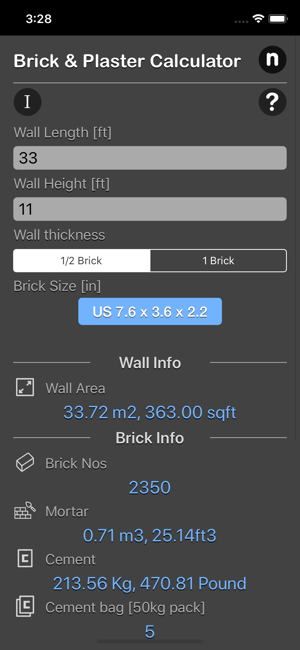 Brick and Plaster Calculator iOS App for iPhone and iPad