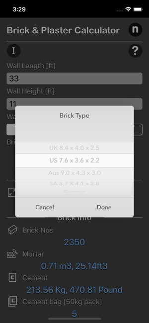 Brick and Plaster Calculator iOS App for iPhone and iPad