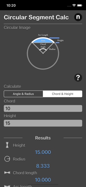 Circular Segment Calculator iOS App for iPhone and iPad