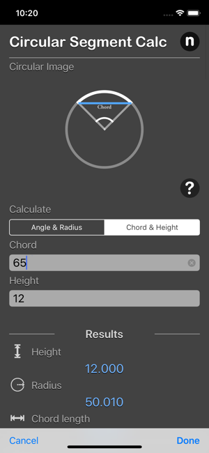 Circular Segment Calculator iOS App for iPhone and iPad