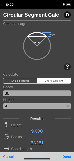 Circular Segment Calculator iOS App for iPhone and iPad