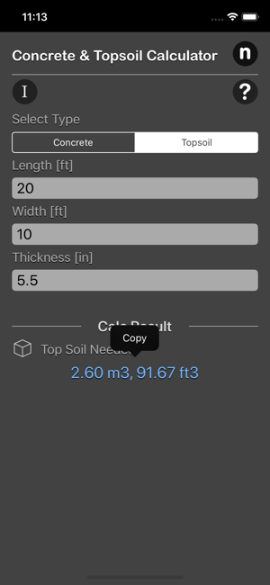 Concrete & Topsoil Calculator iOS App for iPhone and iPad