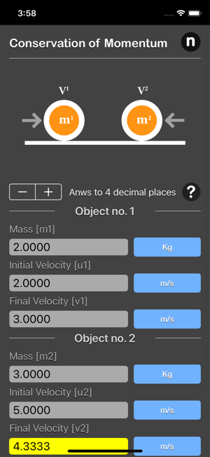 Conservation of Momentum Calc iOS App for iPhone and iPad