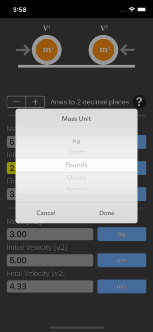 Conservation of Momentum Calc iOS App for iPhone and iPad