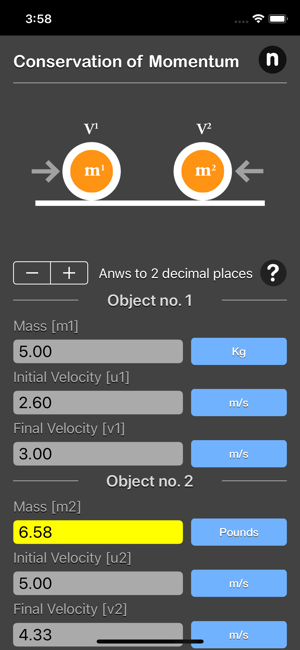 Conservation of Momentum Calc iOS App for iPhone and iPad
