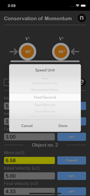 Conservation of Momentum Calc iOS App for iPhone and iPad