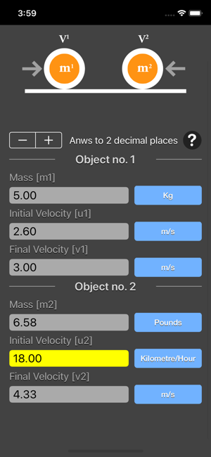 Conservation of Momentum Calc iOS App for iPhone and iPad