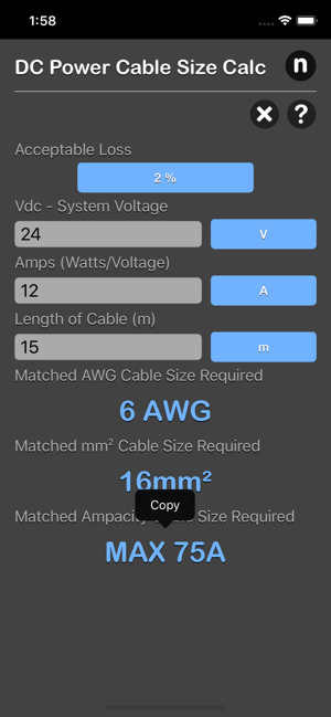 DC Power Cable Size Calc iOS App for iPhone and iPad