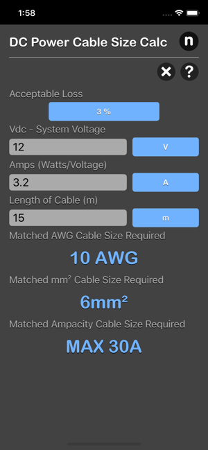 DC Power Cable Size Calc iOS App for iPhone and iPad