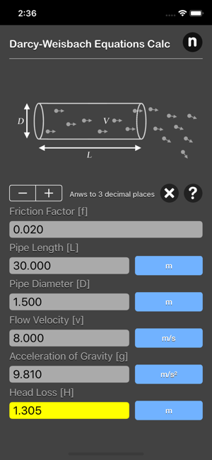 Darcy Weisbach Equations Calc iOS App for iPhone and iPad