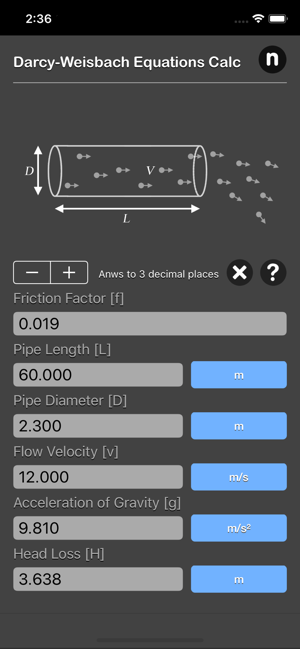 Darcy Weisbach Equations Calc iOS App for iPhone and iPad