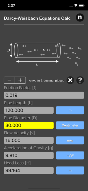 Darcy Weisbach Equations Calc iOS App for iPhone and iPad