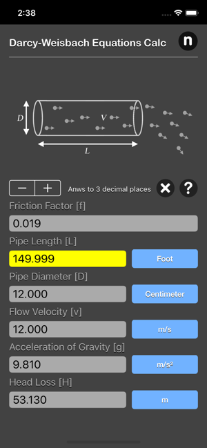 Darcy Weisbach Equations Calc iOS App for iPhone and iPad