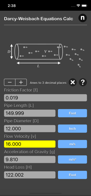 Darcy Weisbach Equations Calc iOS App for iPhone and iPad