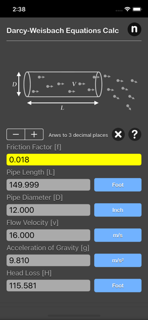 Darcy Weisbach Equations Calc iOS App for iPhone and iPad