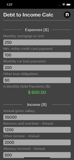 Debt 2 Income Calculator iOS App for iPhone and iPad