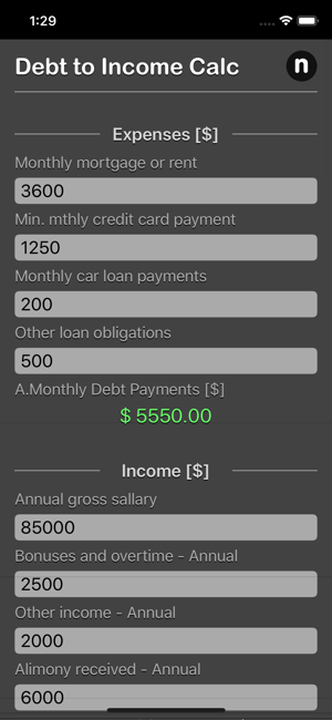 Debt 2 Income Calculator iOS App for iPhone and iPad