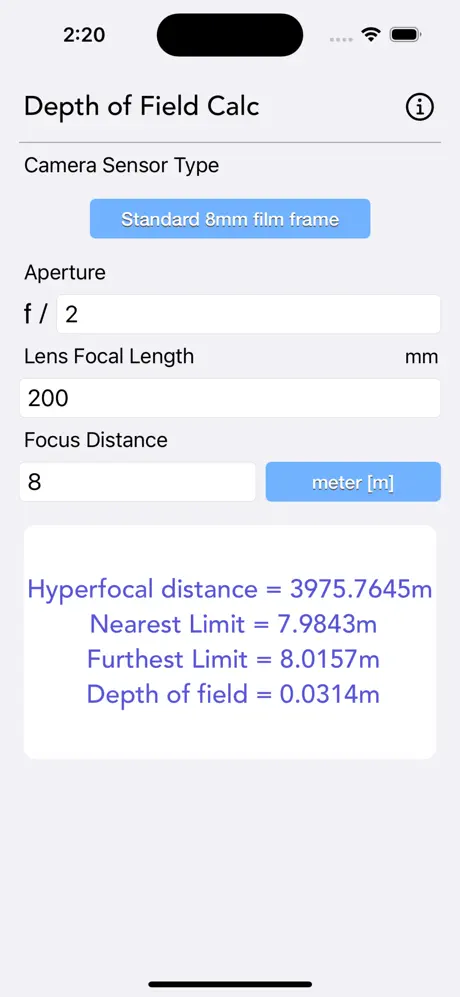 Depth_of_Field_Calculator iOS App Screenshot 1
