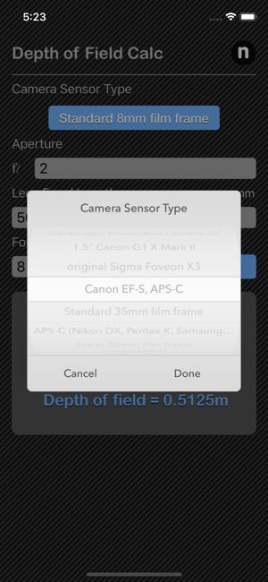 Depth of Field Calculator iOS App for iPhone and iPad