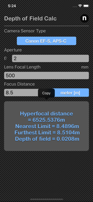 Depth of Field Calculator iOS App for iPhone and iPad