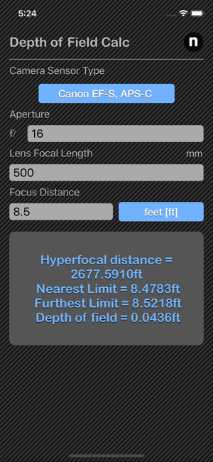 Depth of Field Calculator iOS App for iPhone and iPad