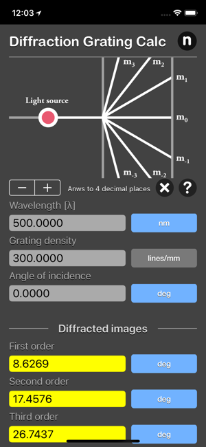Diffraction Grating Calculator iOS App for iPhone and iPad