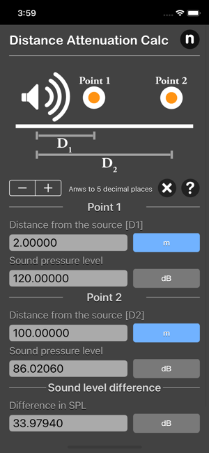 Distance Attenuation Calc iOS App for iPhone and iPad