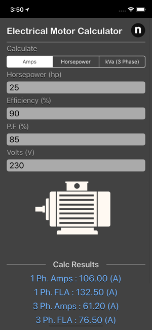 Electrical Motor Calculator iOS App for iPhone and iPad