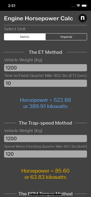 Engine Horsepower Calculator iOS App for iPhone and iPad