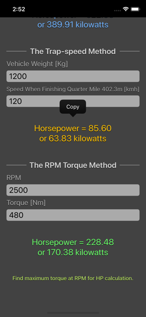 Engine Horsepower Calculator iOS App for iPhone and iPad