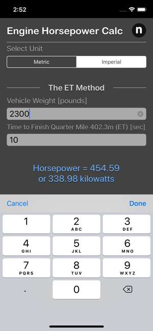 Engine Horsepower Calculator iOS App for iPhone and iPad