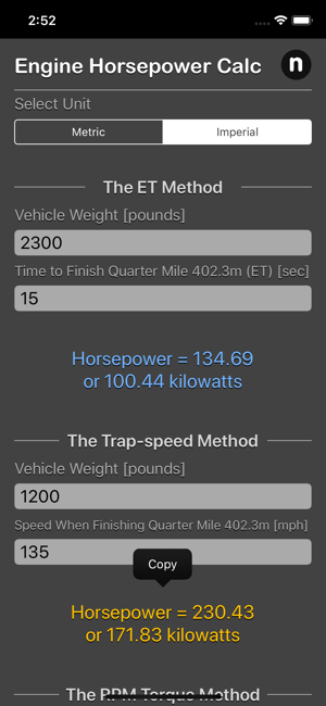 Engine Horsepower Calculator iOS App for iPhone and iPad
