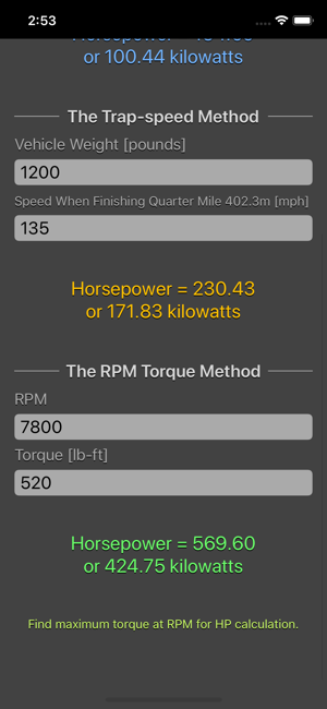 Engine Horsepower Calculator iOS App for iPhone and iPad