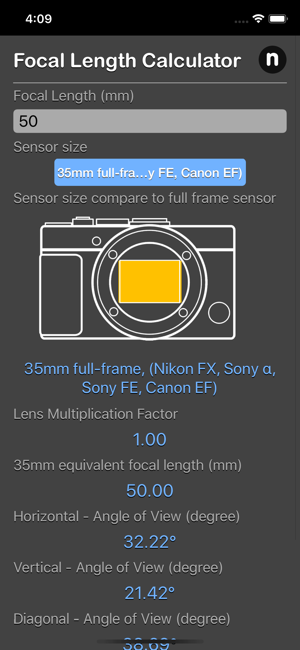 Focal Length Calculator iOS App for iPhone and iPad