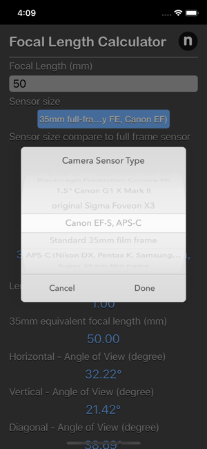 Focal Length Calculator iOS App for iPhone and iPad