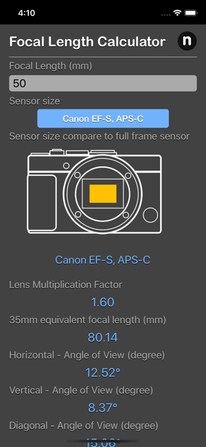 Focal Length Calculator iOS App for iPhone and iPad