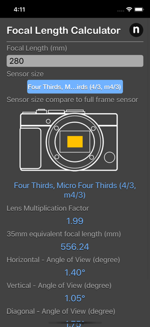 Focal Length Calculator iOS App for iPhone and iPad