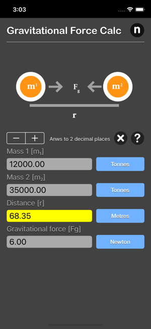 Gravitational Force Calculator iOS App for iPhone and iPad