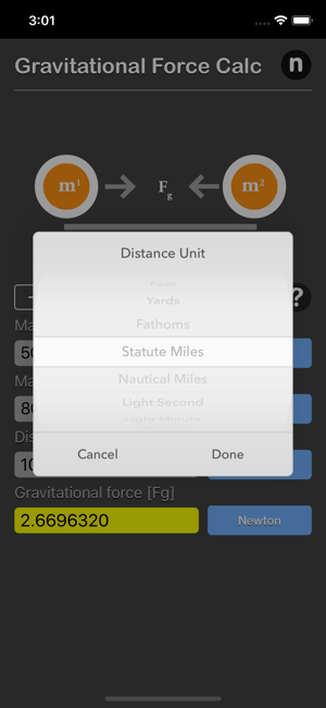 Gravitational Force Calculator iOS App for iPhone and iPad