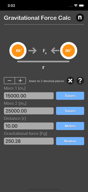 Gravitational Force Calculator iOS App for iPhone and iPad