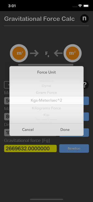 Gravitational Force Calculator iOS App for iPhone and iPad